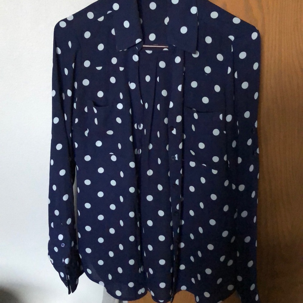 Blue/Gray Polk Dot V Neck Blouse